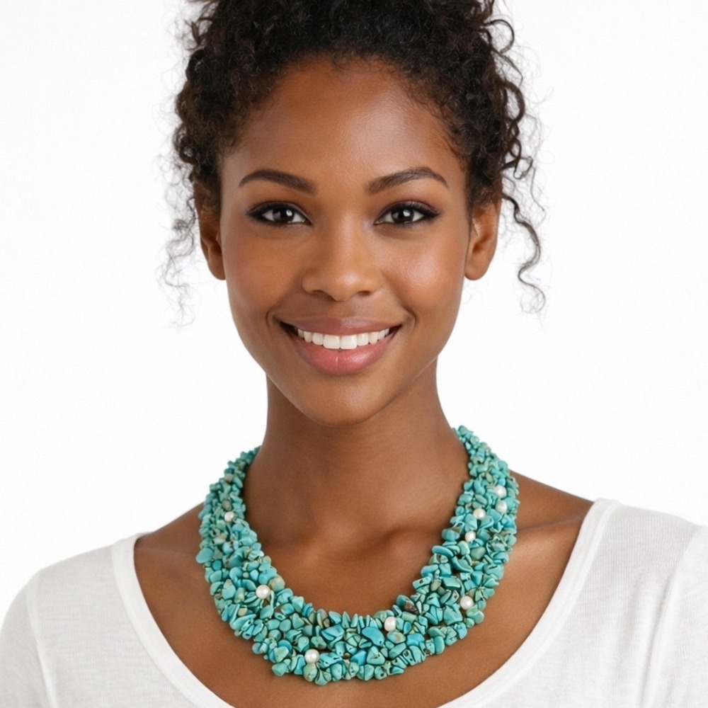 Turquoise Chip Multi Strand Necklace Faux Pearls Chunky Bib Resortwear‎ 103-40